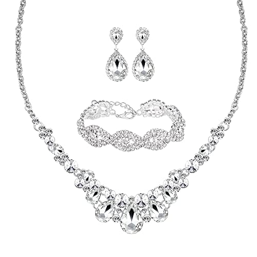 Women's Jewelry Set Rhinestone Crystal Bride Statement Choker Necklace Tiara Crown Link Bangle Bracelet Teardrop Dangle Earrings Set for Wedding Party