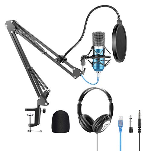Neewer USB Microphone with Suspension Scissor Arm Stand, Shock Mount, Monitor Headphone, Pop Filter, USB Cable and Table Mounting Clamp Kit for Sound Recording for Windows and Mac (Blue/Silver)
