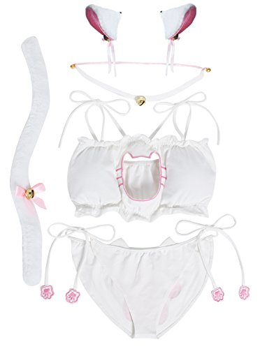 JustinCostume Women's Cosplay Lingerie Set Kitten Keyhole Cute Sexy Outfit (X-Small, White2)