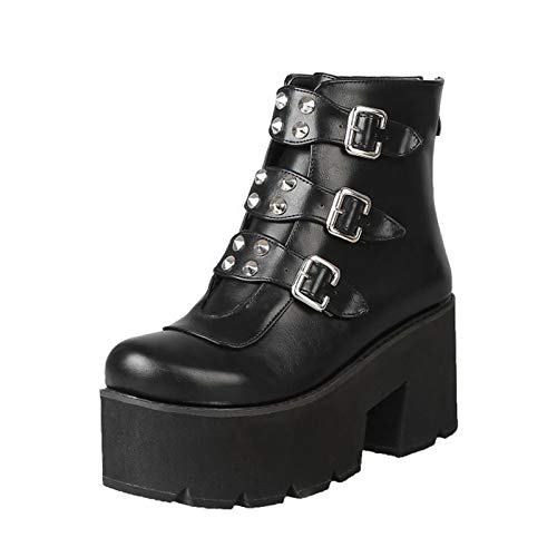 YIYA Black Platform Goth Boots for Women Studded Wide Mid Calf Combat Punk Boots Round Toe Buckle Chunky Heel Back Zipper Thick Sole Ankle Booties