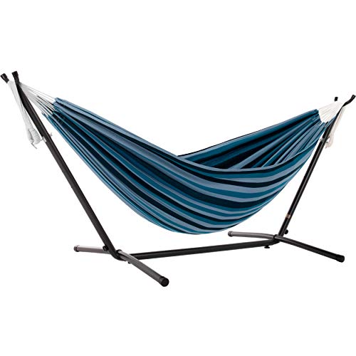 Vivere Double Cotton Hammock with Space Saving Steel Stand, Blue Lagoon (450 lb Capacity - Premium Carry Bag Included)