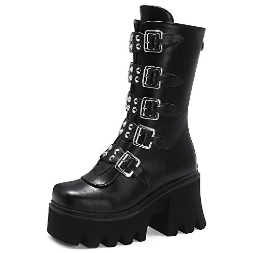 CYNLLIO Fashion Block Heel Platform Combat Ankle Booties Women's Lace up Studded Motorcycle Boots Mid Calf Boots