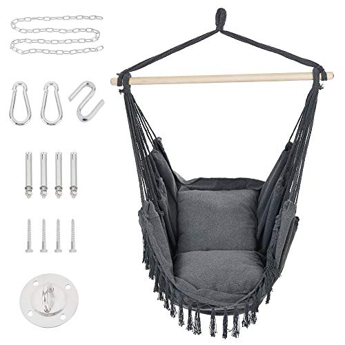 Patio Watcher Oversized Hammock Chair Hanging Rope Swing Seat with 2 Cushions and Hardware Kits, Perfect for Indoor, Outdoor, Home, Bedroom, Patio, Yard，Deck, Garden, Max 330 Lbs, Gray