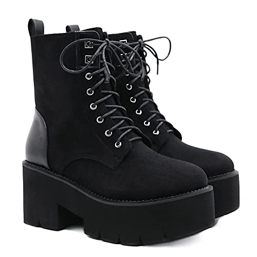 Womens Platform Boots Round Toe Chunky Ankle Boots Punk Boots Lace Up&Zipper Combat Boots