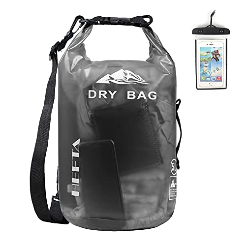 HEETA Waterproof Dry Bag for Women Men, Roll Top Lightweight Dry Storage Bag Backpack with Phone Case for Travel, Swimming, Boating, Kayaking, Camping and Beach, Transparent Black 5L