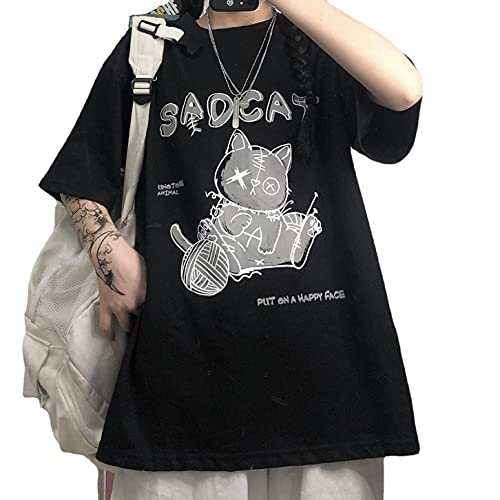Women's Goth T-Shirt Summer Graphic Harajuku Gothic Creepy Cat Print Novelty Short Sleeve Top Black