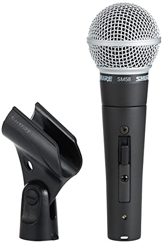 Shure SM58 Cardioid Dynamic Vocal Microphone with On/Off Switch, Pneumatic Shock Mount, Spherical Mesh Grille with Built-in Pop Filter, A25D Mic Clip, Storage Bag, 3-pin XLR Connector (SM58S)