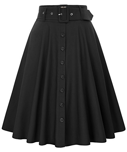 Belle Poque Women's Vintage Stretch High Waist A-Line Flared Midi Skirts with Pockets & Belts