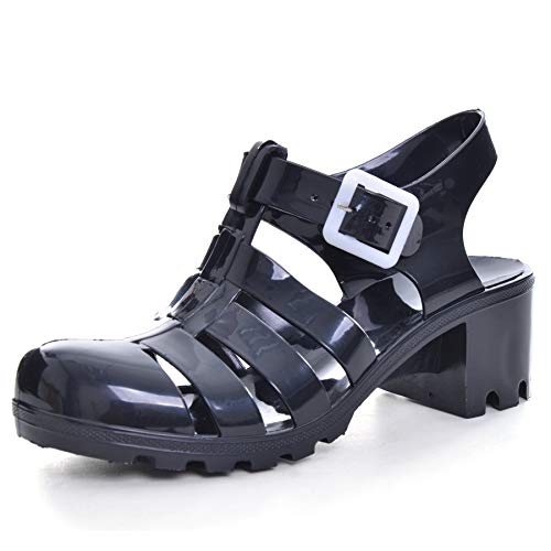 Hee grand Women Crystal Jelly Sandals Summer Women Rain Boots Retro Slingback Strappy Heels/Flat Sandals For Women,Heel-Black 5