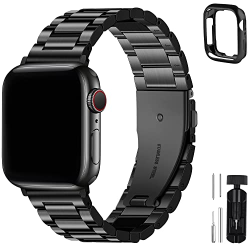 Fullmosa Compatible Apple Watch Band 42mm 44mm 45mm 49mm 38mm 40mm 41mm, Stainless Steel iWatch Band with Case for Apple Watch Series 8/7/6/5/4/3/2/1/SE/SE2/Ultra, 42mm 44mm 45mm Black