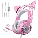 SOMIC G951s Pink Stereo Gaming Headset with Mic for PS4, Xbox One, PC, Mobile Phone, 3.5MM Sound Detachable Cat Ear Headphones Lightweight Self-Adjusting Over Ear Headphones for Women
