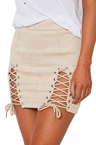 Meyeeka Womens Sexy High Waist Lace Up Bodycon Faux Suede Split Tight Mini Skirt