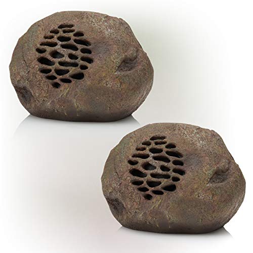 Alpine Corporation Weather-Resistant Bluetooth Solar-Powered Outdoor Wireless Rock Speaker – Set of 2