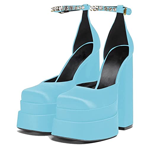 VIMISAOI Chunky Block Heels for Women Fashion Square Toe Ankle Strap Buckle Rhinestones Wedge Silk Satin High Platform Heels Dress Pumps Shoes