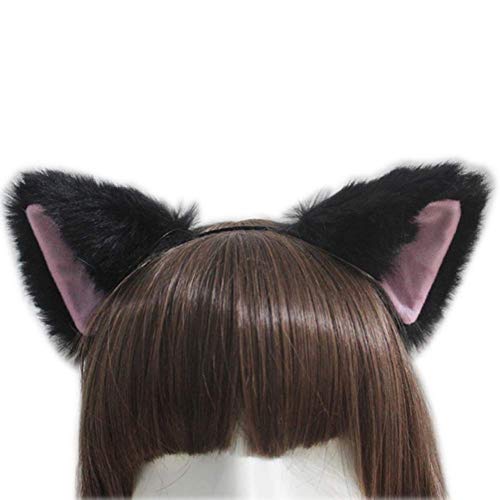 lasenersm 1 Piece Cat Fox Long Fur Ears Headband Cute Cat Fox Long Fur Ears Anime Cosplay Headband for Anime Cosplay Party Costume Halloween Party Black Fluff with Pink Inside