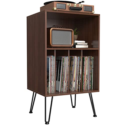 Record Player Stand, Turntable Stand with Record Storage, Vinyl Record Storage Cabinet with Metal Legs, Record Player Table Holds Up to 150 Albums for Living Room, Bedroom, Office (Brown)