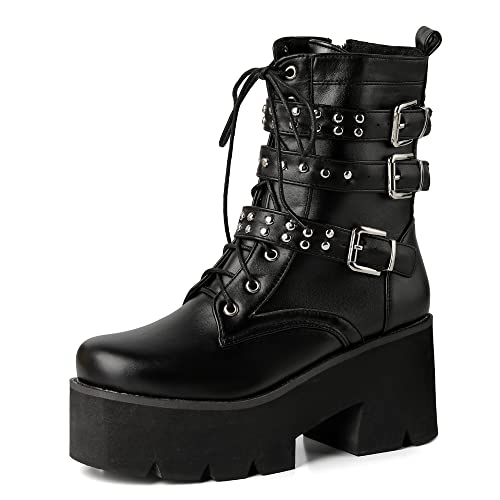 YIYA Women's Black Goth Platform Ankle Boots with Bat Wing Buckles Chunky Block Heels Round Toe Zipper Punk Motorcycle Combat Boots Comfy Short Gothic Booties