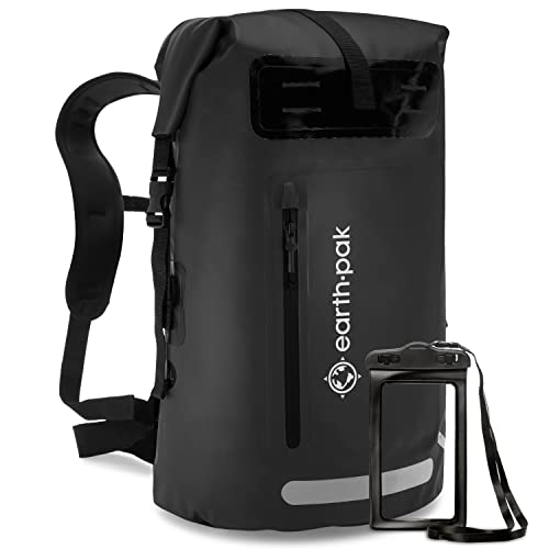 Earth Pak Waterproof Backpack: 35L / 55L / 85L Heavy Duty Roll-Top Closure with Easy Access Front-Zippered Pocket and Cushioned Padded Back Panel for Comfort with IPX8 Waterproof Phone Case