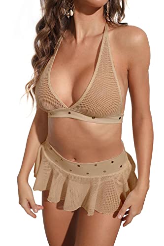 SoulBuds Lingerie Set for Women 3 Pieces Halter Top and Mini Skirt with G-String Pant Apricot
