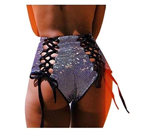 JUMISEE Women Holographic High Waisted Lace Up Festival Rave Booty Shorts Bottoms