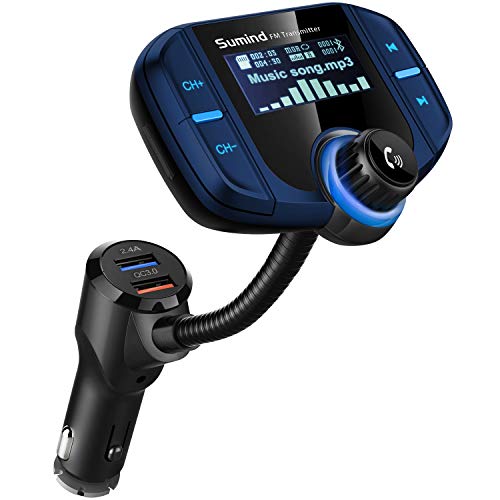 (Upgraded Version) Sumind Car Bluetooth FM Transmitter, Wireless Radio Adapter Hands-Free Kit with 1.7 Inch Display, QC3.0 and Smart 2.4A USB Ports, AUX Output, TF Card Mp3 Player(Blue)