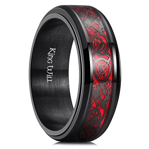 King Will Spinner 8mm Stainless Steel Ring Anxiety Relief Red Celtic Dragon Black Carbon Fibre Inlay Fidget Wedding Ring 7