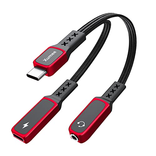 【Upgraded】 USB C to 3.5mm Audio Adapter and Charger,Xumee 2-in-1 USB-C Splitter Aux and Charging, Type C Headphones Mic Jack Dongle Compatible with Pixel 5 4 XL, Galaxy S22 S21 S20 S20+ Note 20(Red)