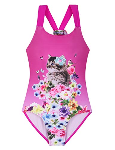 Hilor Girl's One Piece Swimsuit Bikini Swimwear Cat Printed Kids Monokini Floral&Cat M/7-8