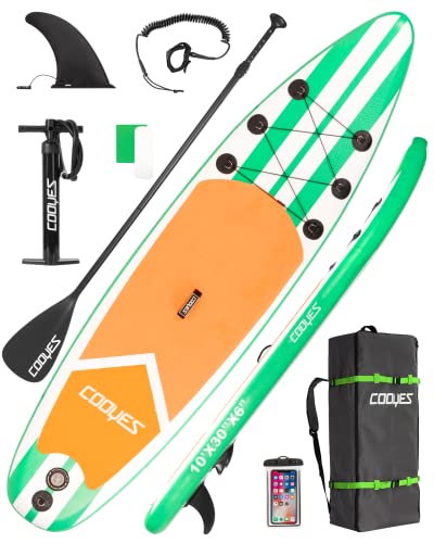 Cooyes 10x30x6 (17.6 lbs) Inflatable Stand Up Paddleboard Sup w/Backpack, Large Fin, Leash, Paddle, Pump, Waterproof Phone Case, Extra-Light for Yoga