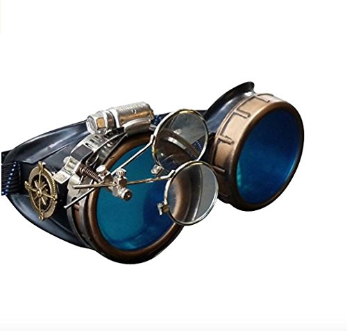 UMBRELLALABORATORY Steampunk Victorian Style Goggles with Compass Design, Colored Lenses & Ocular Loupe