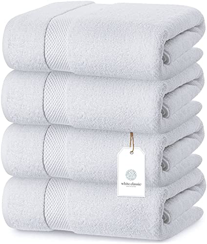 Luxury White Bath Towels Large - 100% Soft Cotton 700 GSM | Absorbent Hotel Bathroom Towel | 27x54 Inch | Set of 4 | White