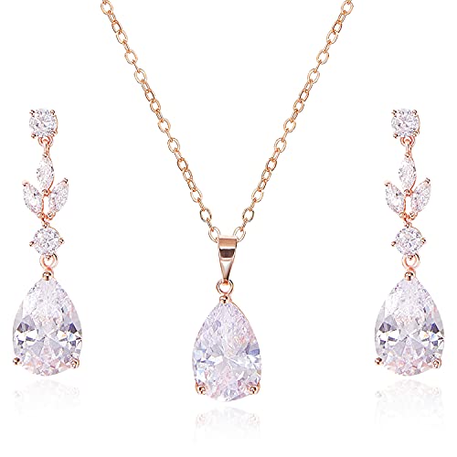 SWEETV Teardrop Wedding Bridal Jewelry Set for Brides Bridesmaid Crystal Pendant Necklace Drop Dangle Earrings Set for Women 