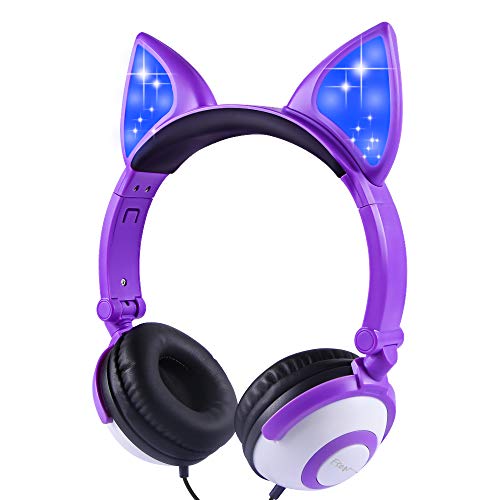 Esonstyle Kids Headphones Over Ear with LED Glowing Ears Wired Kids Headsets 85dB Volume Limited 3.5mm Cute Girls Headphones for Online Learning/School/Travel/Tablet (Purple-Cat)