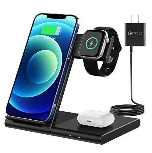 Wireless Charger 3 in 1 Wireless Charging Station Foldable Stand for iPhone 14/13/12/11 (Pro, Pro Max)/XS/XR/X/8 (Plus), Apple Watch Series 8/7/6/SE/5/4/3/2 & AirPods 3/2/Pro with Adapter (Black)