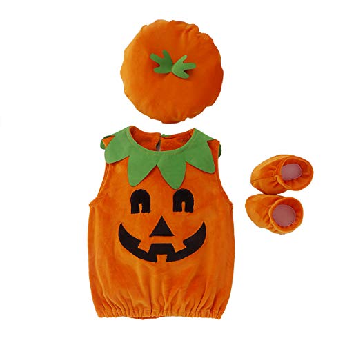 VISGOGO Baby Boy Girl Halloween Pumpkin Romper Bodysuit+Hat+Shoes 3PCS Outfit Costumes