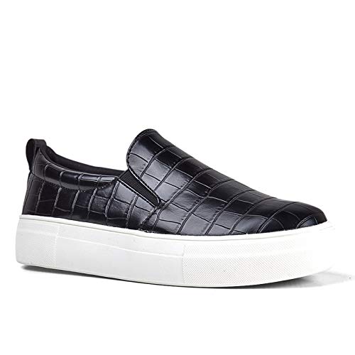 J. Adams Alpha Slip On Shoes for Women - Flat Platform Fashion Loafers - Black Vegan Croc - 6