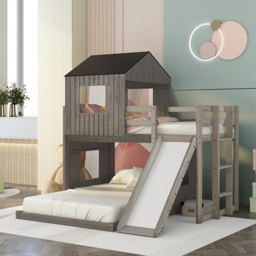 Harper & Bright Designs House Bed Bunk Beds with Slide, Wood Bunk Beds with Roof and Guard Rail for Kids, Toddlers, No Box Spring Needed