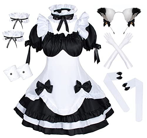 Anime French Maid Lolita Fancy Queen Princess Dress Cosplay Costume Furry Cat Ear Gloves Socks set（Black S）