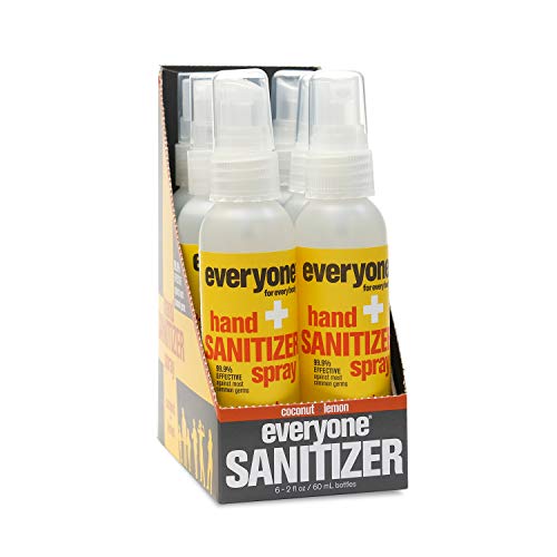 Everyone Hand Sanitizer Spray, Travel Size, Coconut and Lemon, Plant Derived Alcohol with Pure Essential Oils, 99% Effective Against Germs, 2 Fl Oz (Pack of 6)