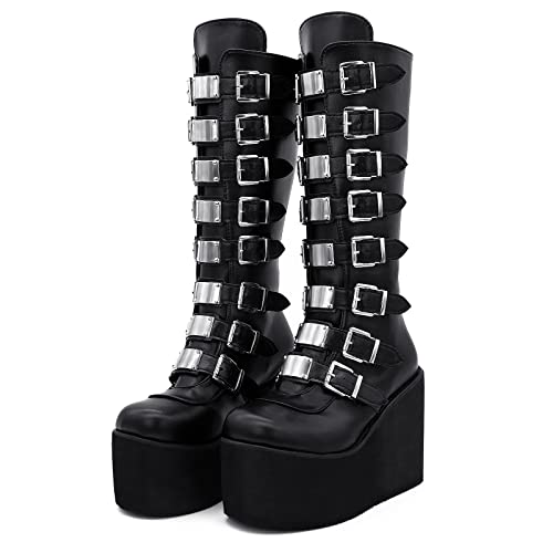 SANCARDY Womens Platform Knee High Goth Boots Round Top Back Zip Chunky Wedges Heel Punk Combat Boots Mid Calf Motorcycle Cosplay Shoes