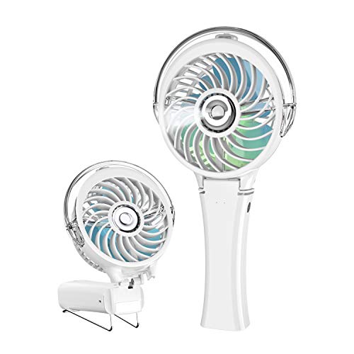 HandFan Portable Misting Fan, Handheld Mister Fan with 7 Colorful Nightlight, USB Rechargeable Personal Mist Fan, Battery Operated Spray Water Fan, Mini Fans for Travel, Outdoors, Hiking(White)