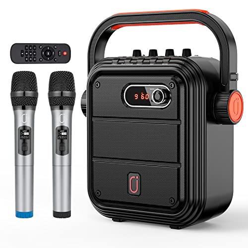 JYX Karaoke Machine with Two Wireless Microphones, Portable Bluetooth Speaker with Shoulder Strap, HD Sound PA System Support TWS, Radio, AUX in, REC, Bass&Treble for Party/Meeting/Adults/Kids