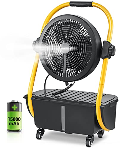 Geek Aire Battery Operated Misting Fan, Rechargeable Outdoor Floor Fan with 2.9 Gal Water Tank, Powered Waterproof Durable 15000mAh Battery Run for Patio, Camping Gear Accessories - 12 Inch