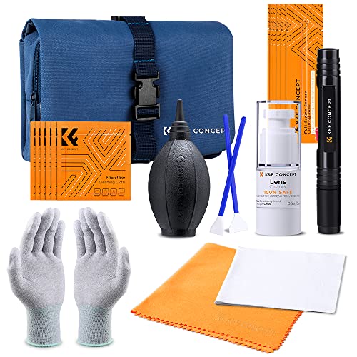 K&F Concept Professional Camera Cleaning Kit for DSLR & Mirrorless Cameras with APS-C & Full-Frame Sensor Cleaning Rods/Lens Cleaner/Gloves/Air Blower/Lens Pen Brush/Microfiber Cloths/Carrying Case