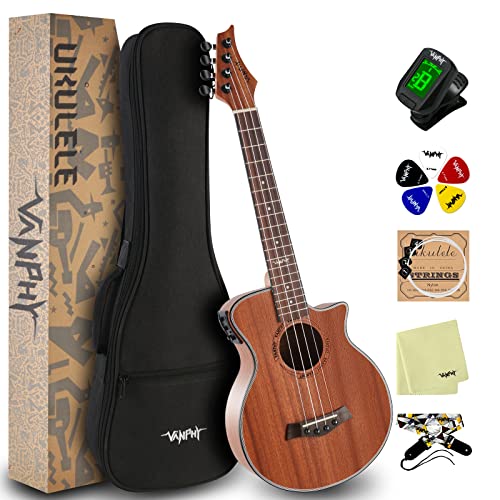 VANPHY Electric Tenor Ukulele for beginners, Acoustic-Electric Ukelele 26 inch Adults Starter, Professional Electric Tenor uke Bundle with gig bag Tuner Strap String picks (Tenor-EQ)