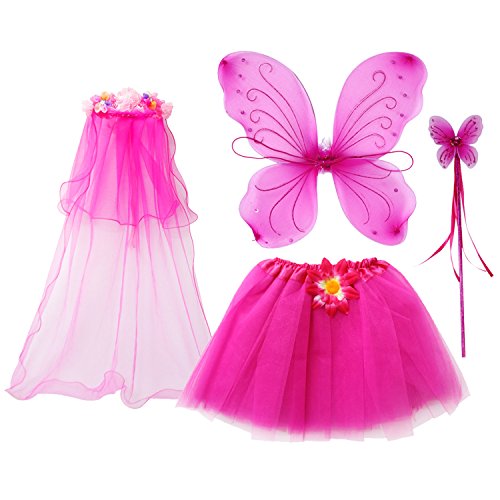Fedio 4Pcs Girls Princess Fairy Costume Set with Wings, Tutu, Wand and Floral Wreath Veil for Children Ages 3-6