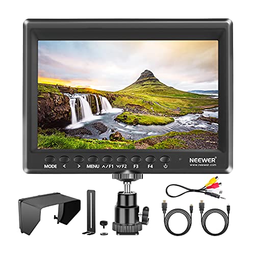 Neewer F100 7-inch 1280x800 IPS Screen Camera Field Monitor with 1 Mini HDMI Cable for BMPCC,AV Cable for FPV, 16:10 or 4:3 Adjustable Display Ratio for DSLR and Camcorder(Battery NOT Included)