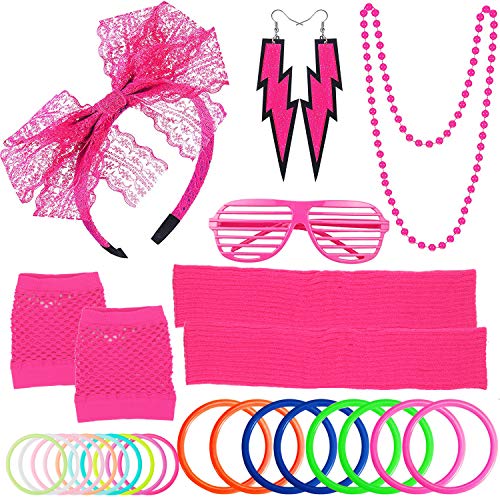 ztweden 80s Women's Costume Outfit Accessories Set Headband Earrings Fishnet Gloves Necklace Bracelet Leg Warmers Pink