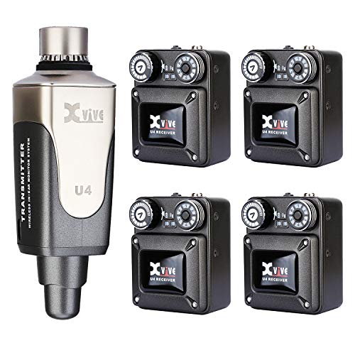 Xvive U4R4 Wireless in-Ear Monitoring System IEM System for Studio, Band Rehearsal,Live Performance Transmitter and Beltpack Receiver(1 Transmitter and 4 Receiver)