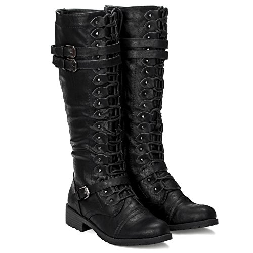 ILLUDE Women's Knee High Lace Up Buckle Military Combat Boots